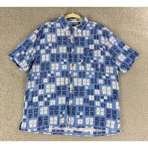 Nat Nast Button Up Shirt Mens Large Blue Geo Print Silk Cotton Blend Camp Luxury